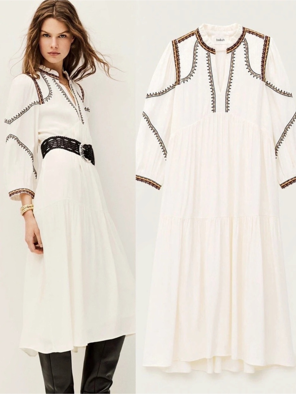 NWT ba&sh Tunia Embroidered Dress Ivory Ecru Size Large Boho Tiered Midi $395